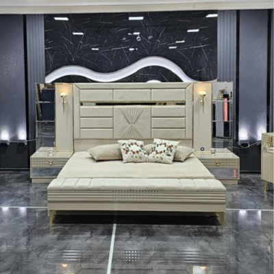 CHAMBRE À COUCHER ARMOIRE 6 BATTANTS 6 PIÈCES BEIGE EFTELYA CHAMPAGNE